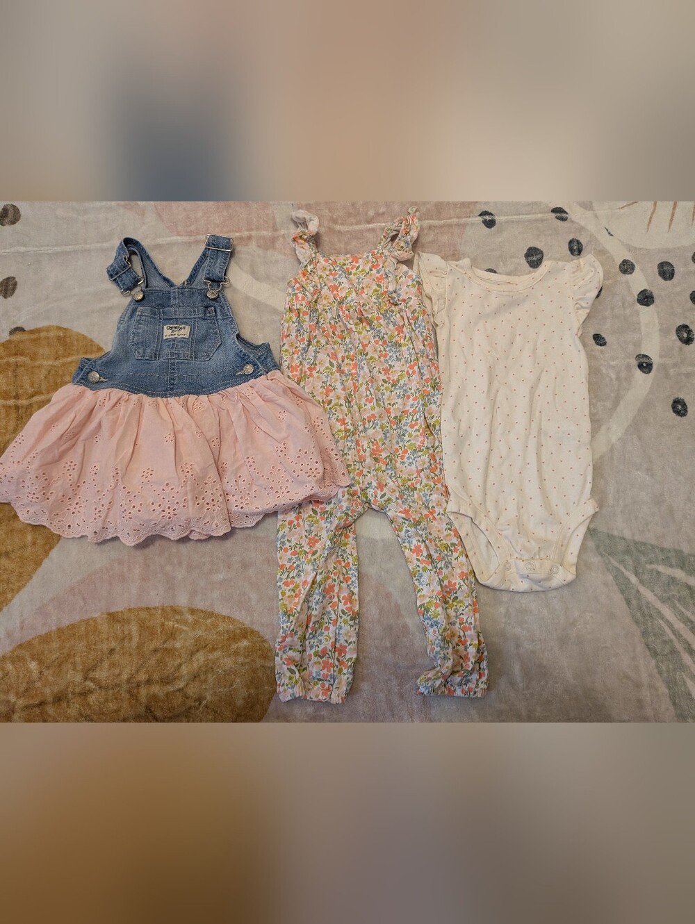 18 Month Oshkosh Denim Pink Eyelet Dress + Floral Romper, White Polka Dot Onesie